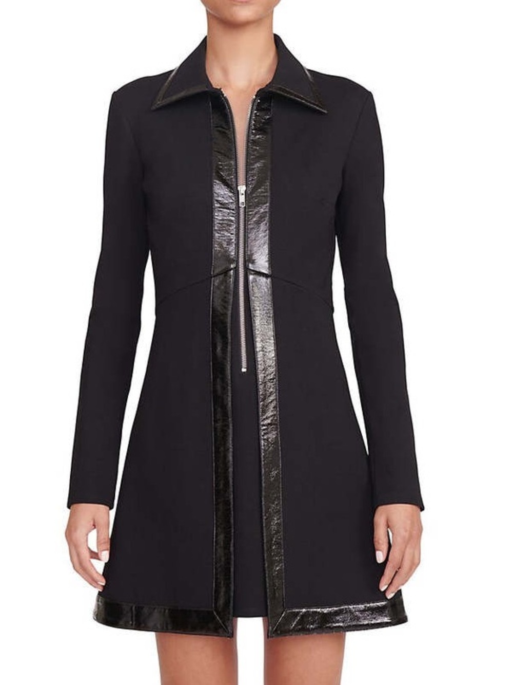 STAUD Black Longline Trench Coat with Patent Trim